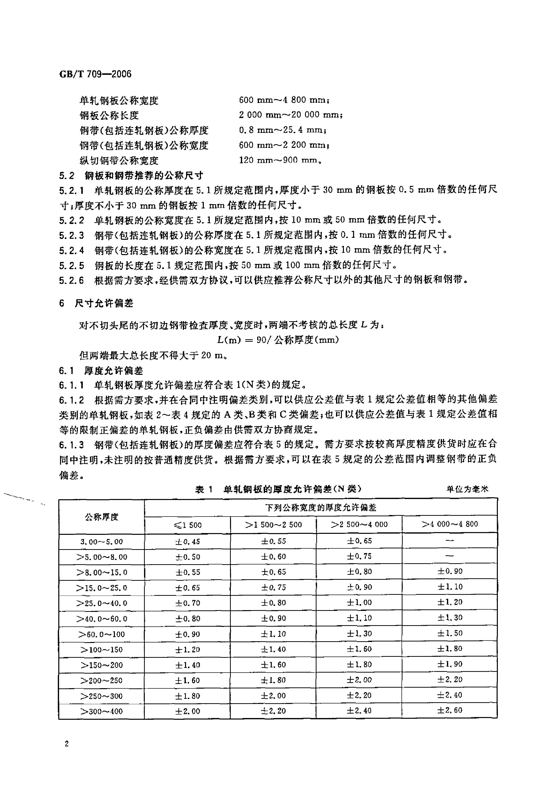 熱軋鋼板和鋼帶的尺寸、外形、重量及允許偏差 國(guó)標(biāo) GBT 709-2006 代替GBT 709-19880003